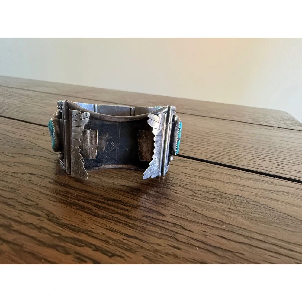 Vintage Navajo Sterling Silver Turquoise CoralClaw Watch Cuff Bracelet signed